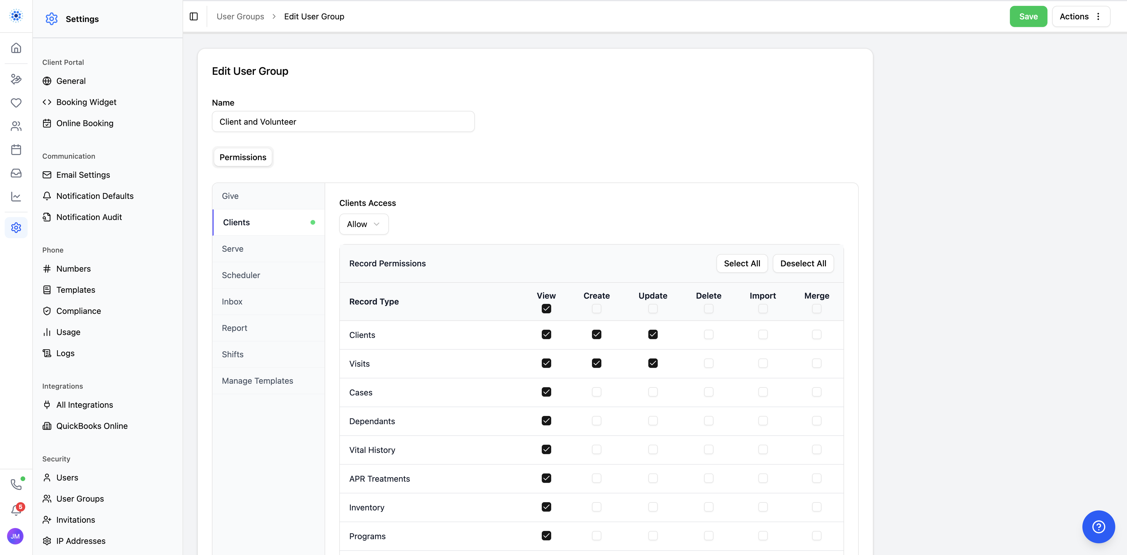 CoolFocus 5 user group permissions screen showing record-level view, create, update, delete, import, and merge controls.